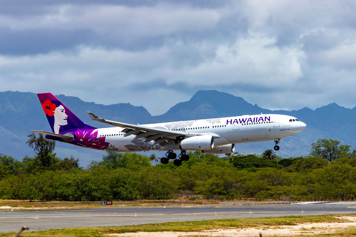 Hawaiian Airlines Airbus A330-200 landing at the Daniel K. Inouye International Airport in Honolulu, Hawaii